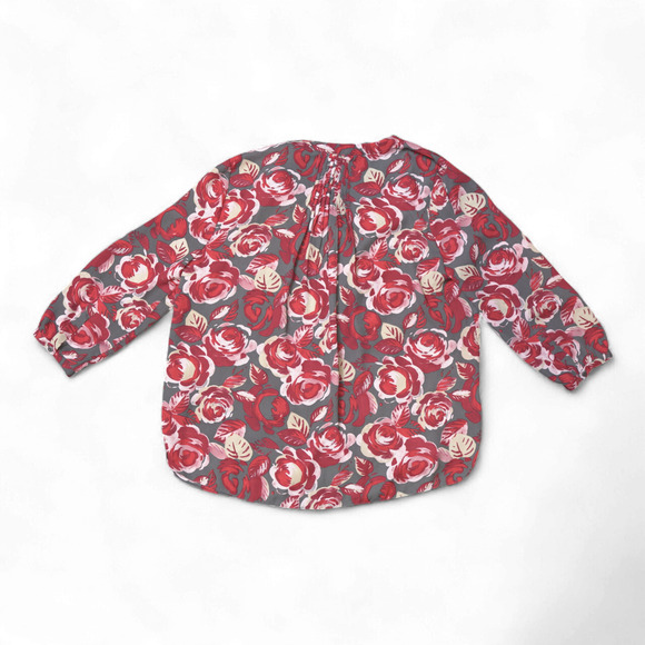 NYDJ Red Rose Pleated V-Neck Button-Down Blouse Sz M | 3/4 Sleeve, Romantic Chic - Picture 3 of 15